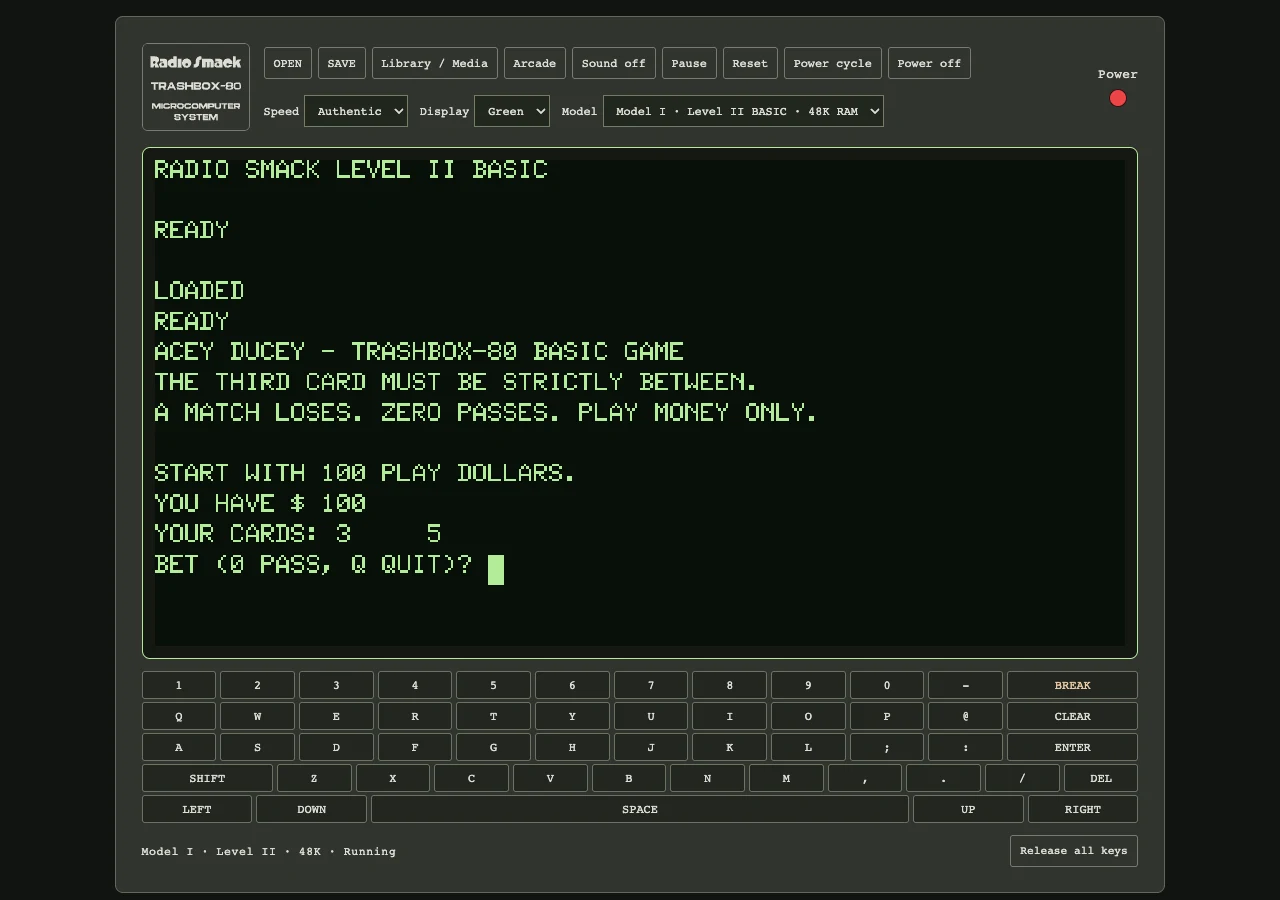 Actual Acey Ducey BASIC game showing two card ranks, play-money bankroll, and wager prompt