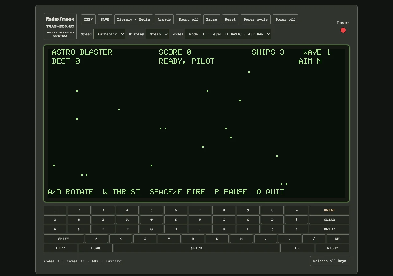 Actual Astro Blaster game with a ship and asteroid semigraphics on the green BASIC screen