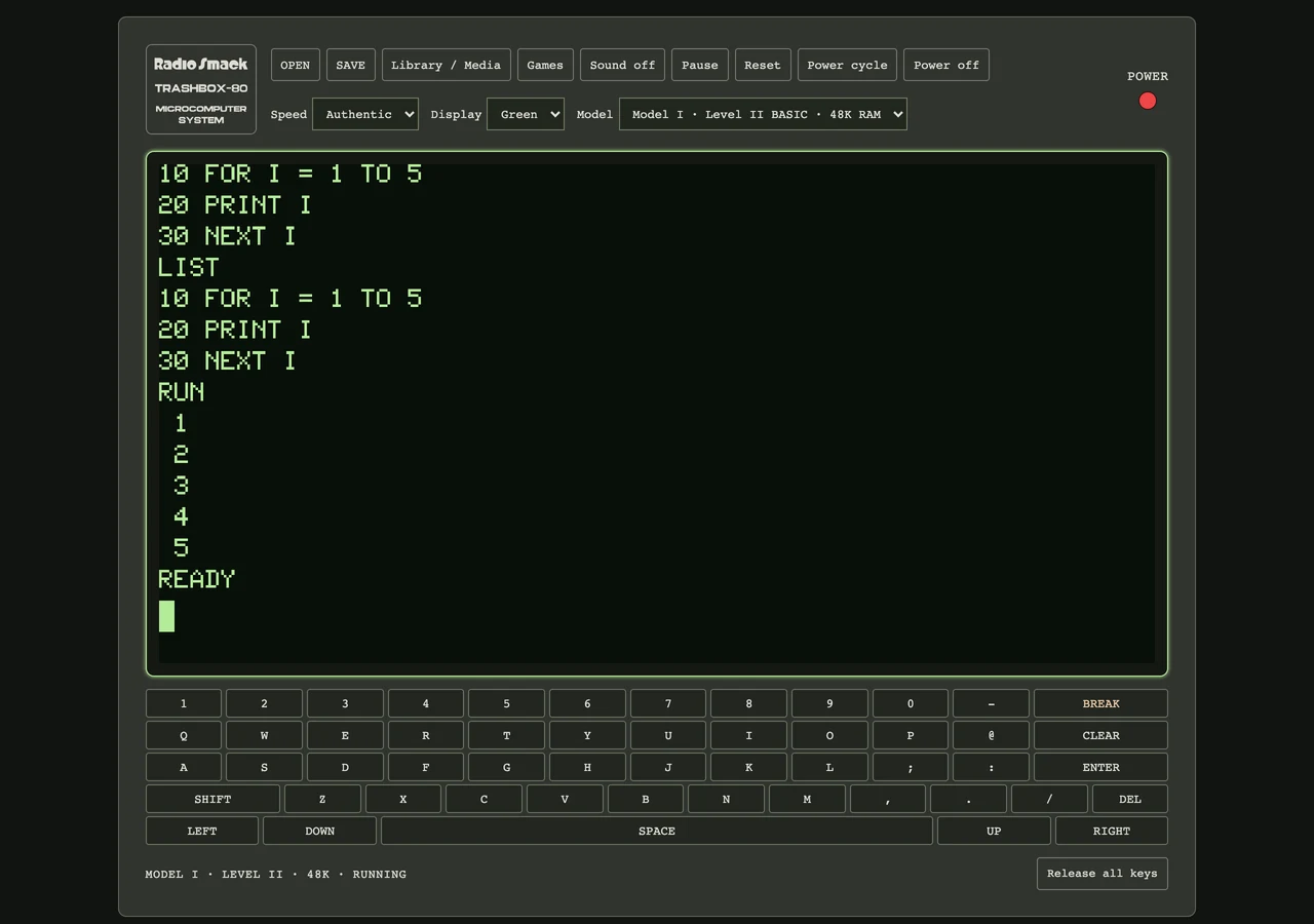 A real TrashBox-80 session listing and running a count example