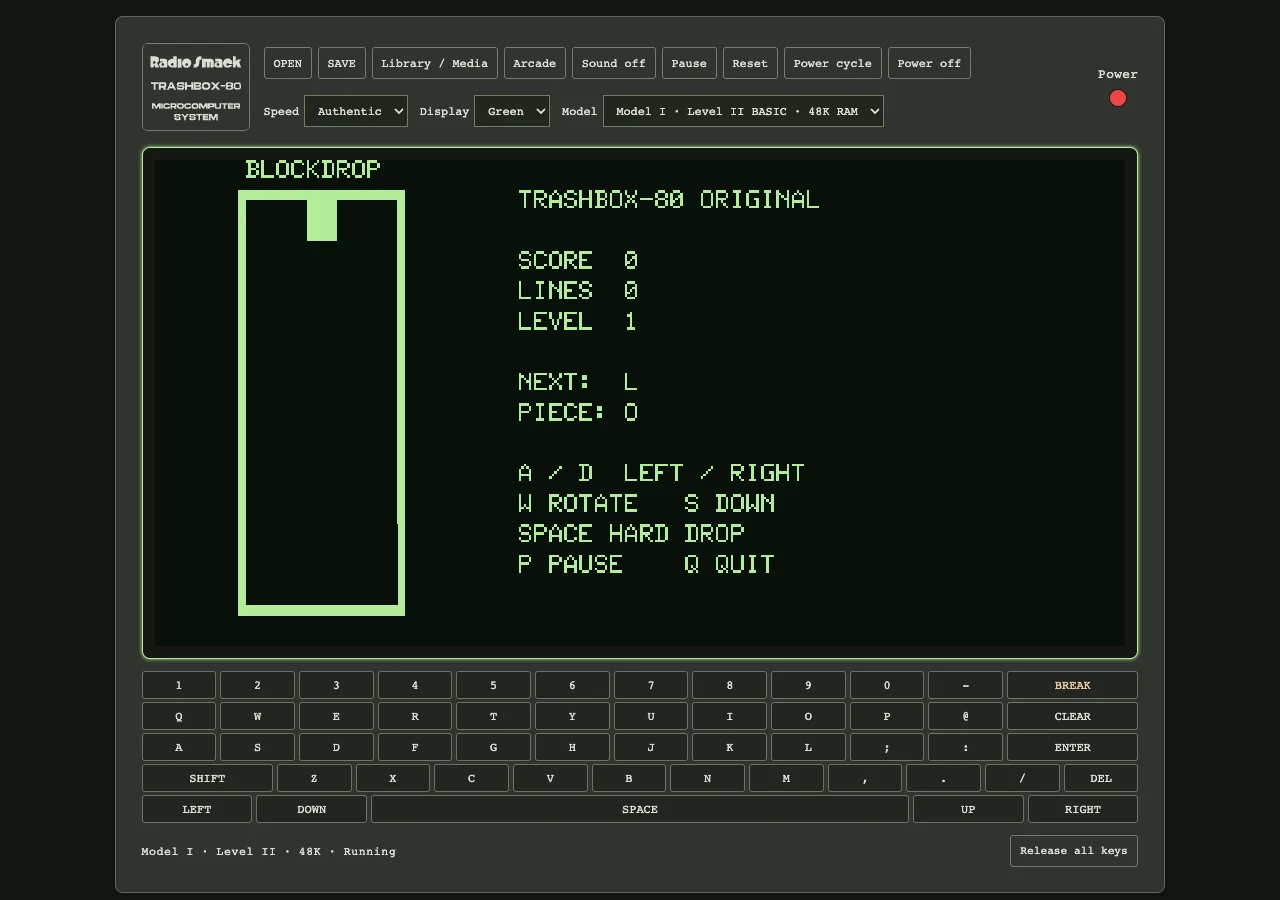Actual Blockdrop game showing the block well, score, and next piece in green semigraphics