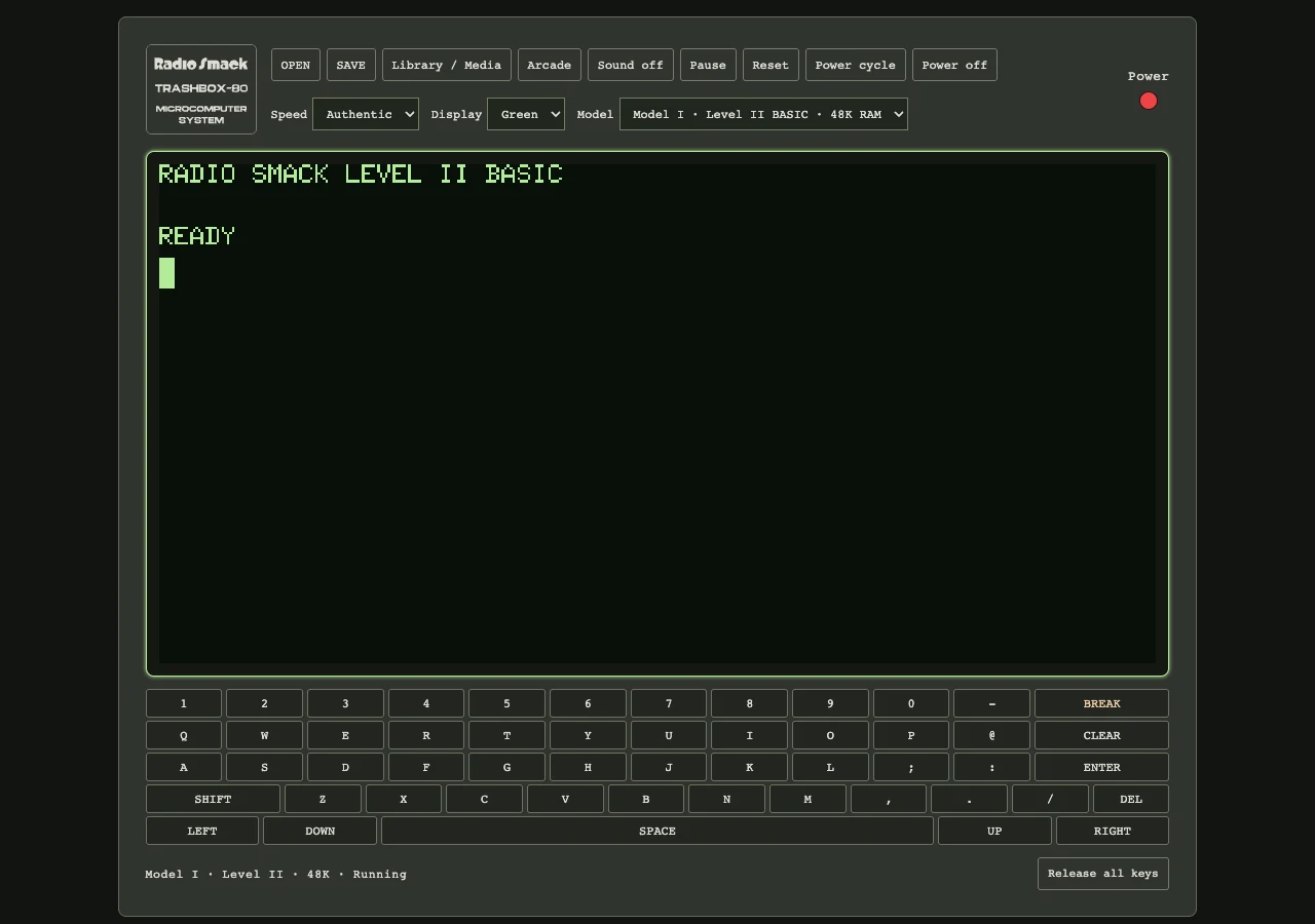 TrashBox-80 application with Radio Smack badge, BASIC startup screen, toolbar, and built-in keyboard