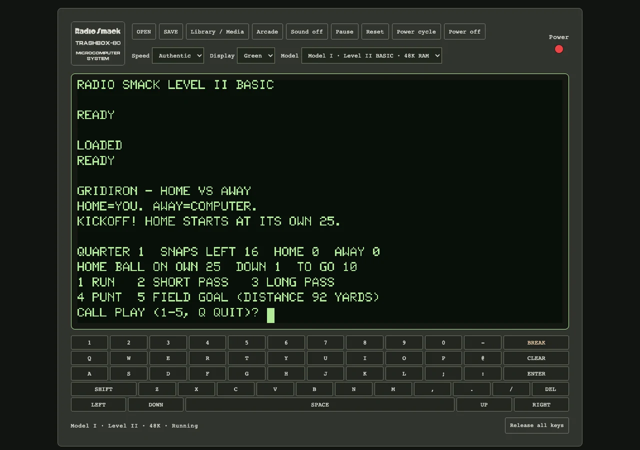 Actual Gridiron BASIC transcript with entered plays followed by results, Home and Away scores, and football yard lines