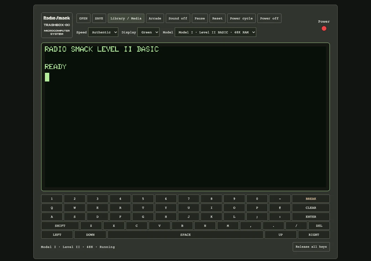 Actual Library and Media dialog containing a saved BASIC program and its file actions