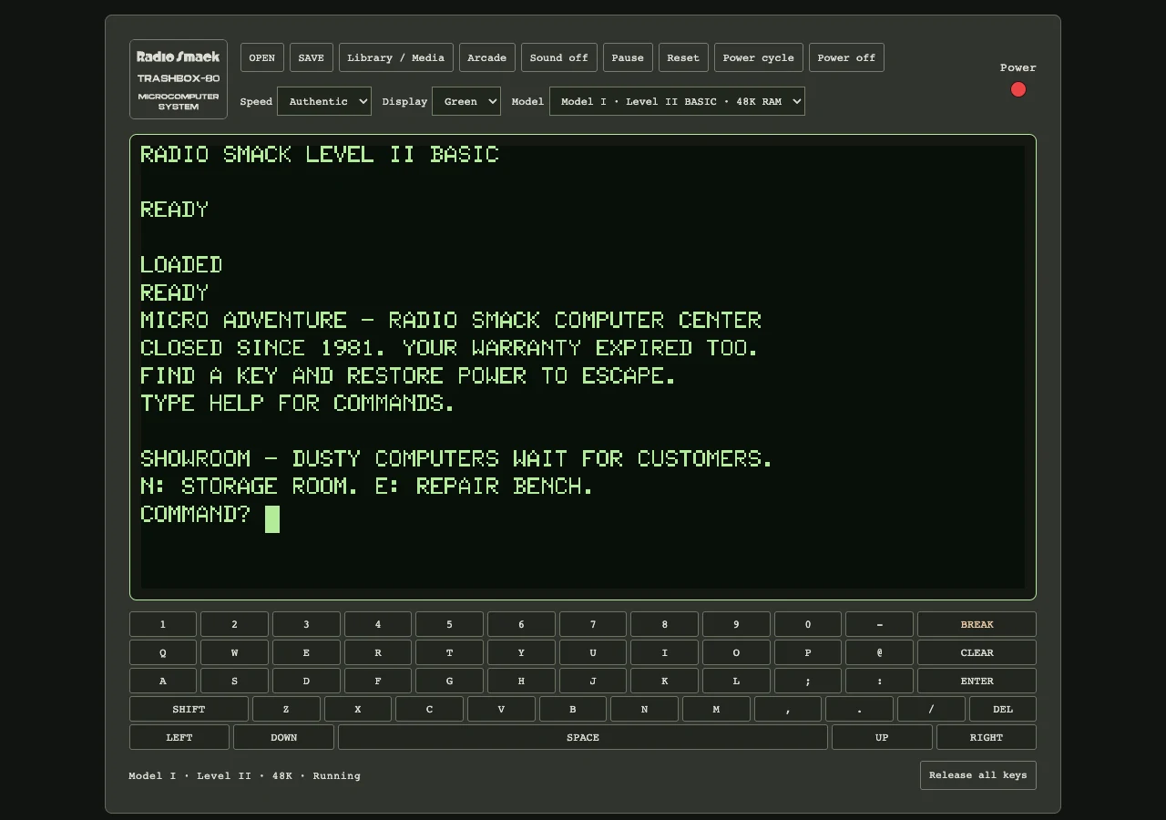 Actual Micro Adventure running as BASIC inside TRASHBOX-80
