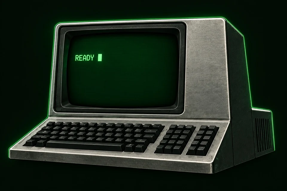 Vintage-style computer illustration with a green READY prompt